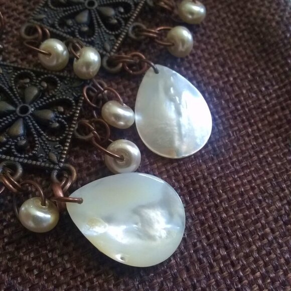 Sleek Chic Robust Feminine Girly Elegant Rustic Copper & MOP + Pearl Earrings - Picture 8 of 11